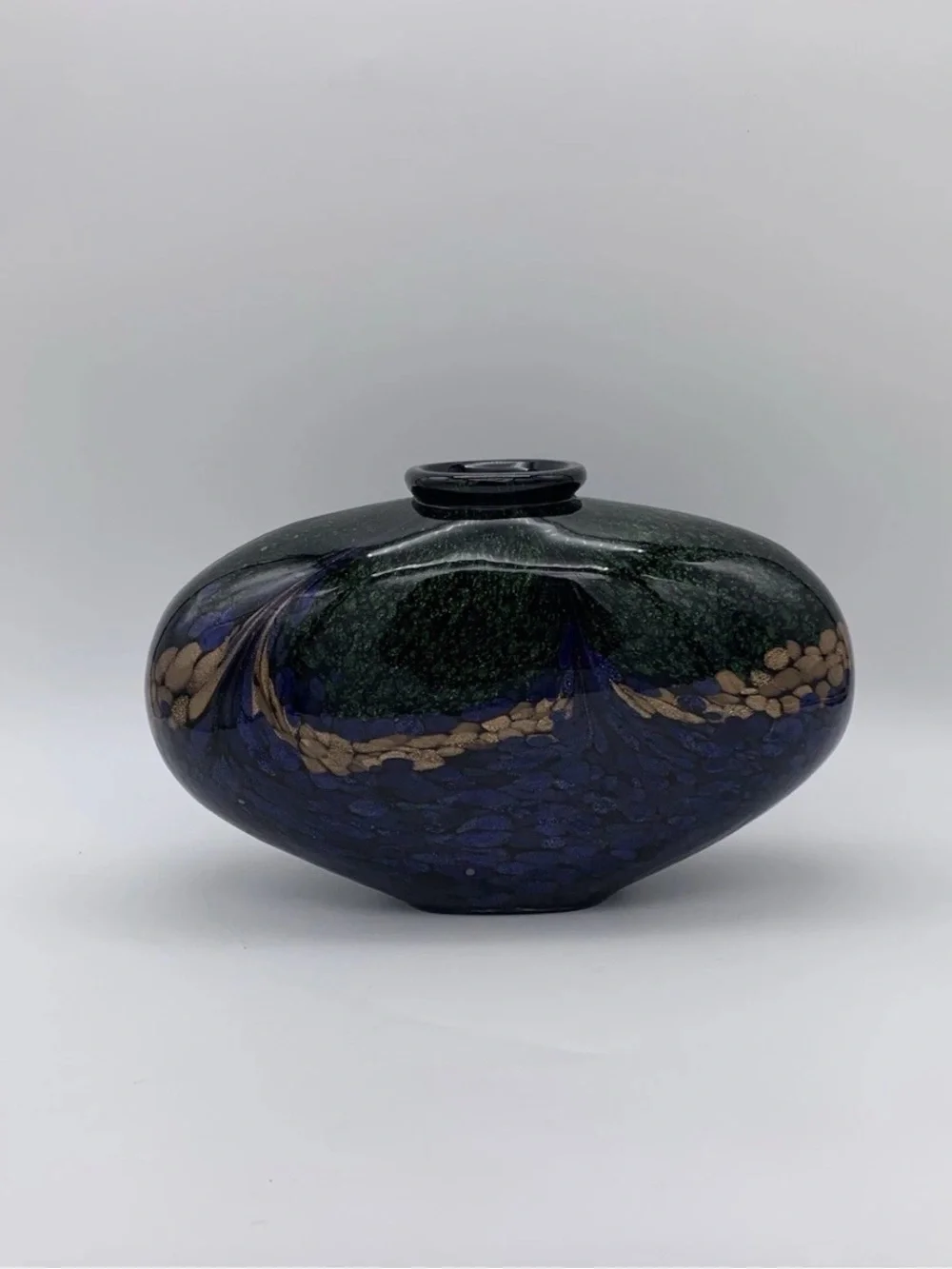 Dale Tiffany Style Heavy Squat Vase Mouth Blown Colorful Peacock Gold Accent